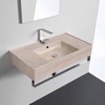 Scarabeo 5123-E-TB Beige Travertine Design Ceramic Wall Mounted Sink With Counter Space, Towel Bar Included